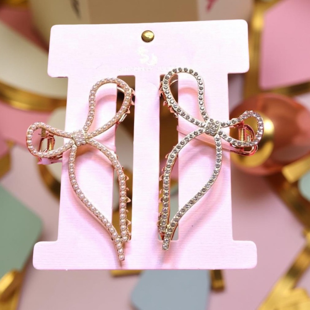 Sincerely Jukes Bow Hair Clips Elegant Set of 2 Pearls & Rhinestones NWT